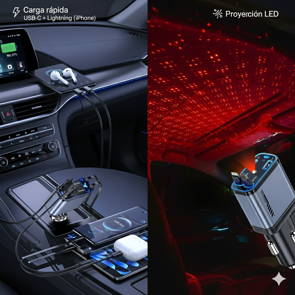 Cargador Super Rápido Retractil 4 en 1 para tu auto