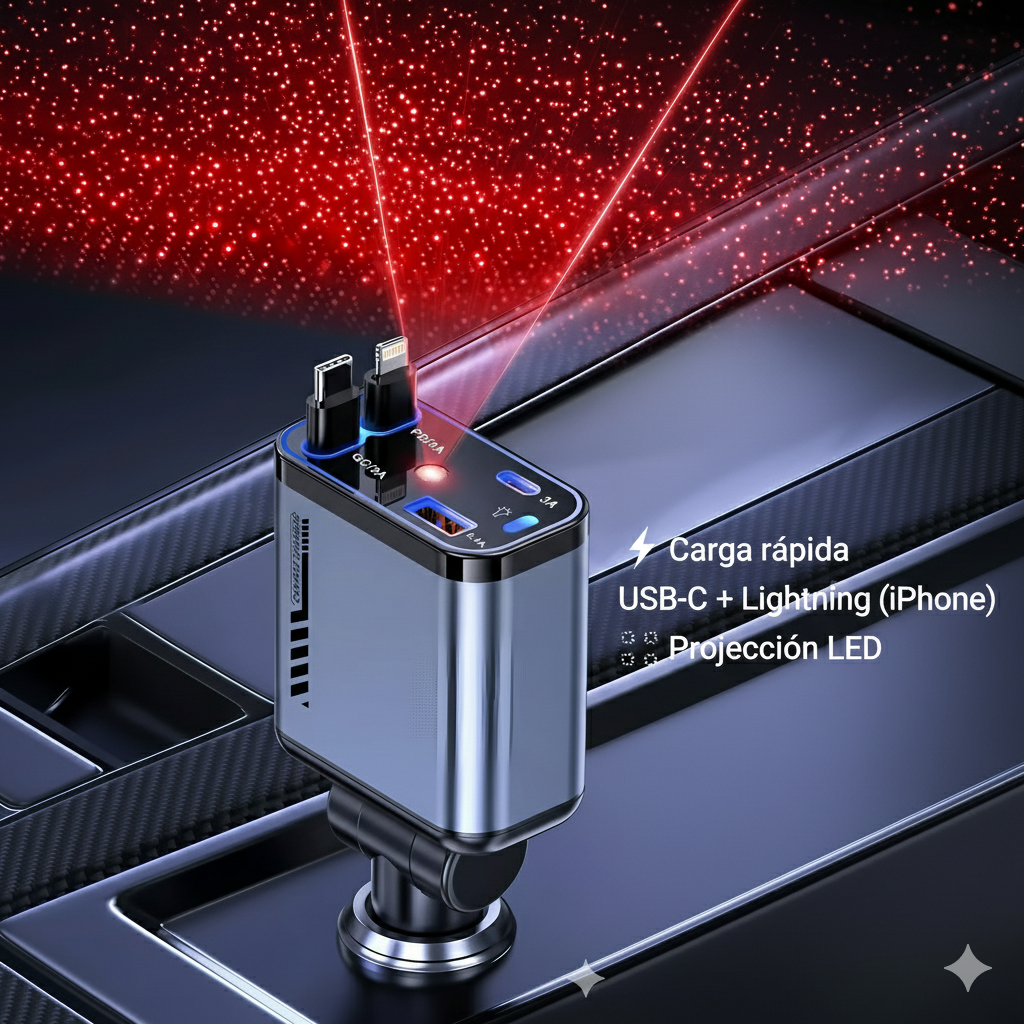 Cargador Super Rápido Retractil 4 en 1 para tu auto