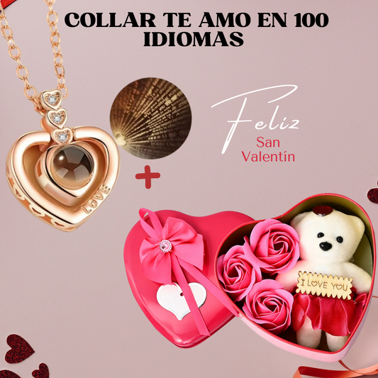 COLLAR TE AMO EN 100 IDIOMAS + JABÓN ARTIFICIAL ROSA CON OSO DE PELUCHE (Acero inoxidable)